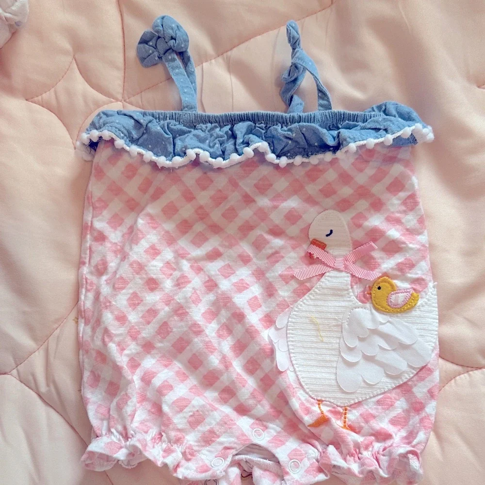 Mud Pie Pink and Blue Gingham Diaper Cover with Duck Appliqué